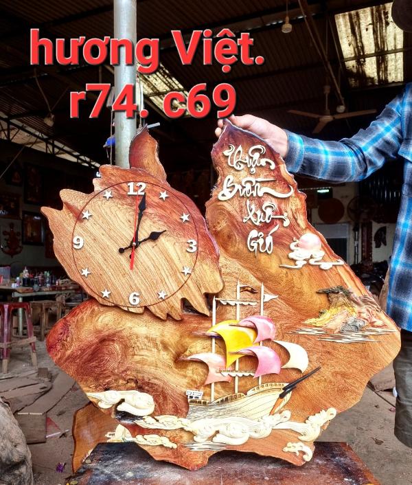 Tranh Đồng Hồ Thuận Buồm Xuôi Gió Gỗ Hương 74x69